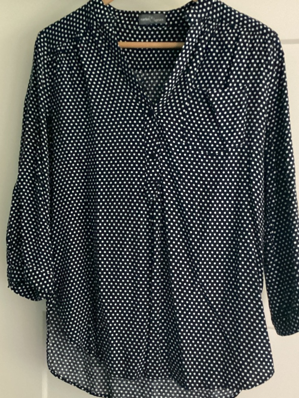 Market & Spruce Navy and White Polka Dot V-Neck Blouse